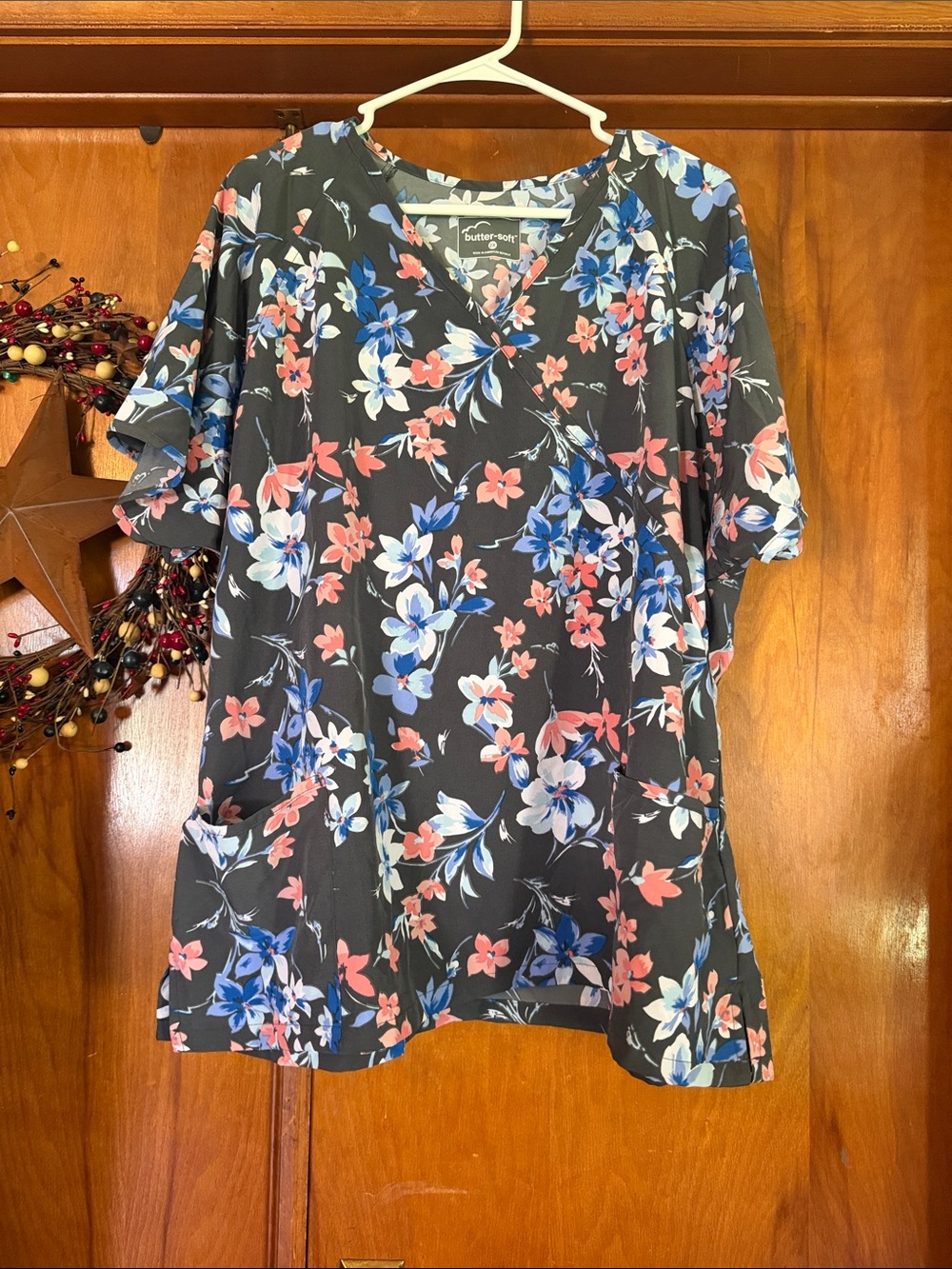 Butter-Soft V-Neck Floral Top in Black with Blue & Coral Flowers scrub top